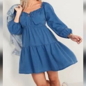 Old Navy Women's Chambray Tie Neck Dress Tiered Baby Doll Long Sleeve Denim XS